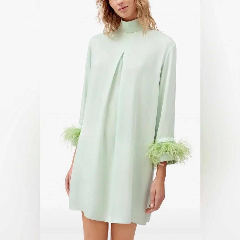 Sleeper Mint Green Party Shirt Dress Detachable Ostrich Feathers size Small NWT